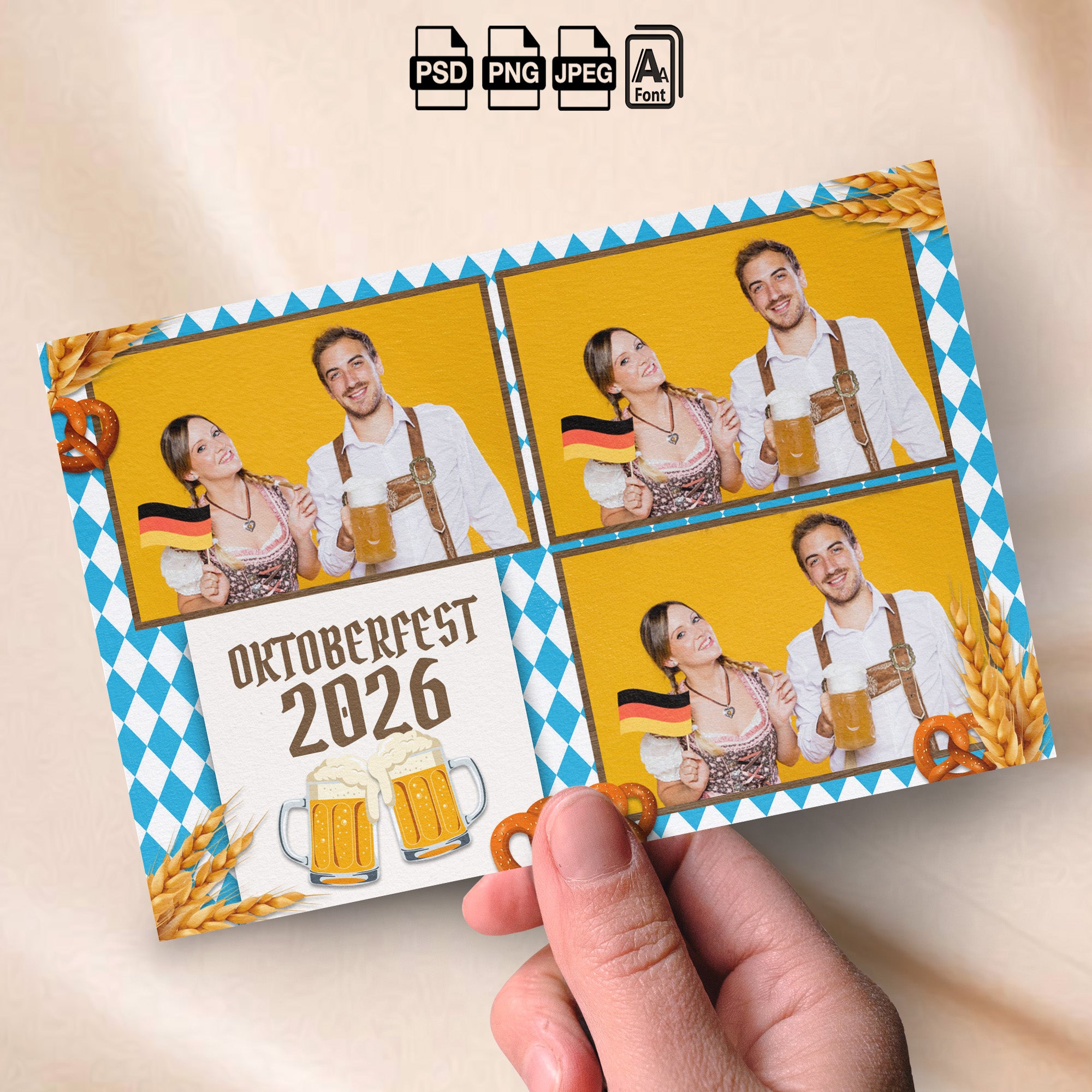 Oktoberfest Photo Booth Template Bundle | Bavarian Blue & White Design | Multiple Layouts, Editable Photoshop Templates, Instant Download