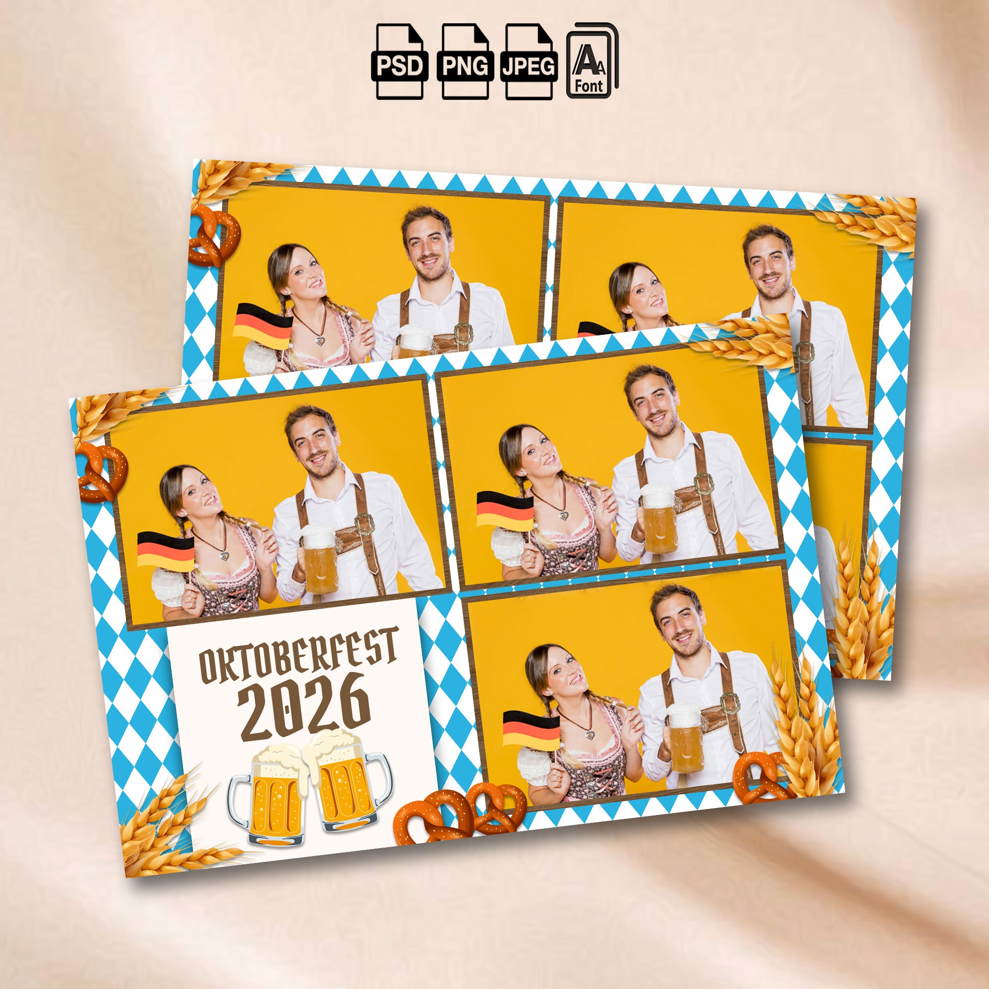 Oktoberfest Photo Booth Template | 3-Photo Collage 4x6 Layout | Bavarian Blue & White Design, Editable Photoshop Template