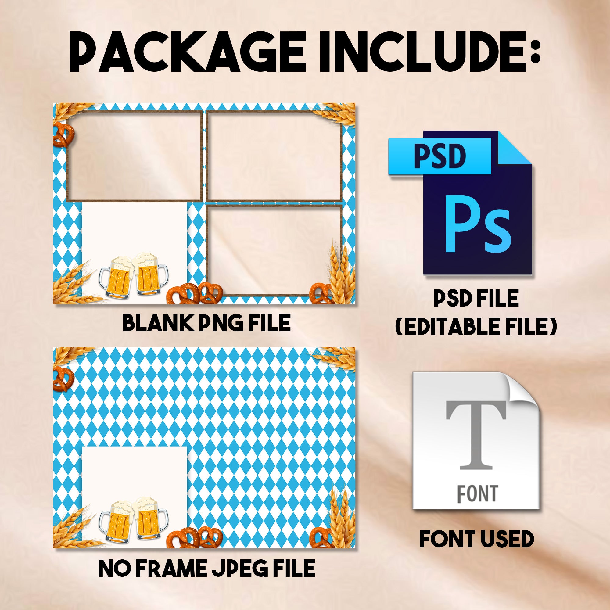 Oktoberfest Photo Booth Template | 3-Photo Collage 4x6 Layout | Bavarian Blue & White Design, Editable Photoshop Template