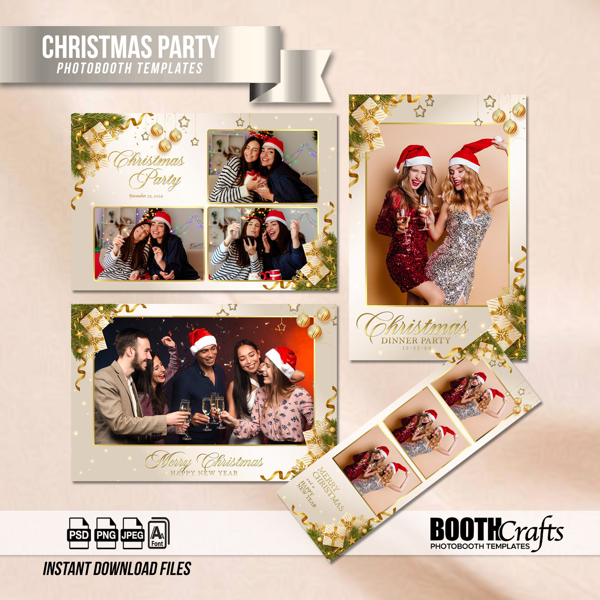Christmas Party Photo Booth Template Bundle | Ivory & Gold Design with Gift Boxes & Ornaments | All 4 Layouts, Digital Download