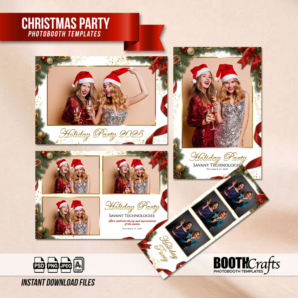 Christmas Holiday Party Photo Booth Template Bundle | White & Gold Design with Garland, Pinecones & Red Bows | Multiple Layouts, Editable Photobooth Templates, Instant Download