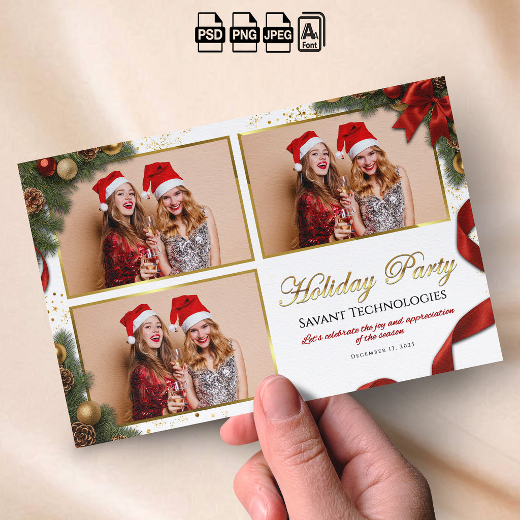 Christmas Holiday Party Photo Booth Template Bundle | White &amp; Gold Design with Garland, Pinecones &amp; Red Bows | Multiple Layouts, Editable Photobooth Templates, Instant Download