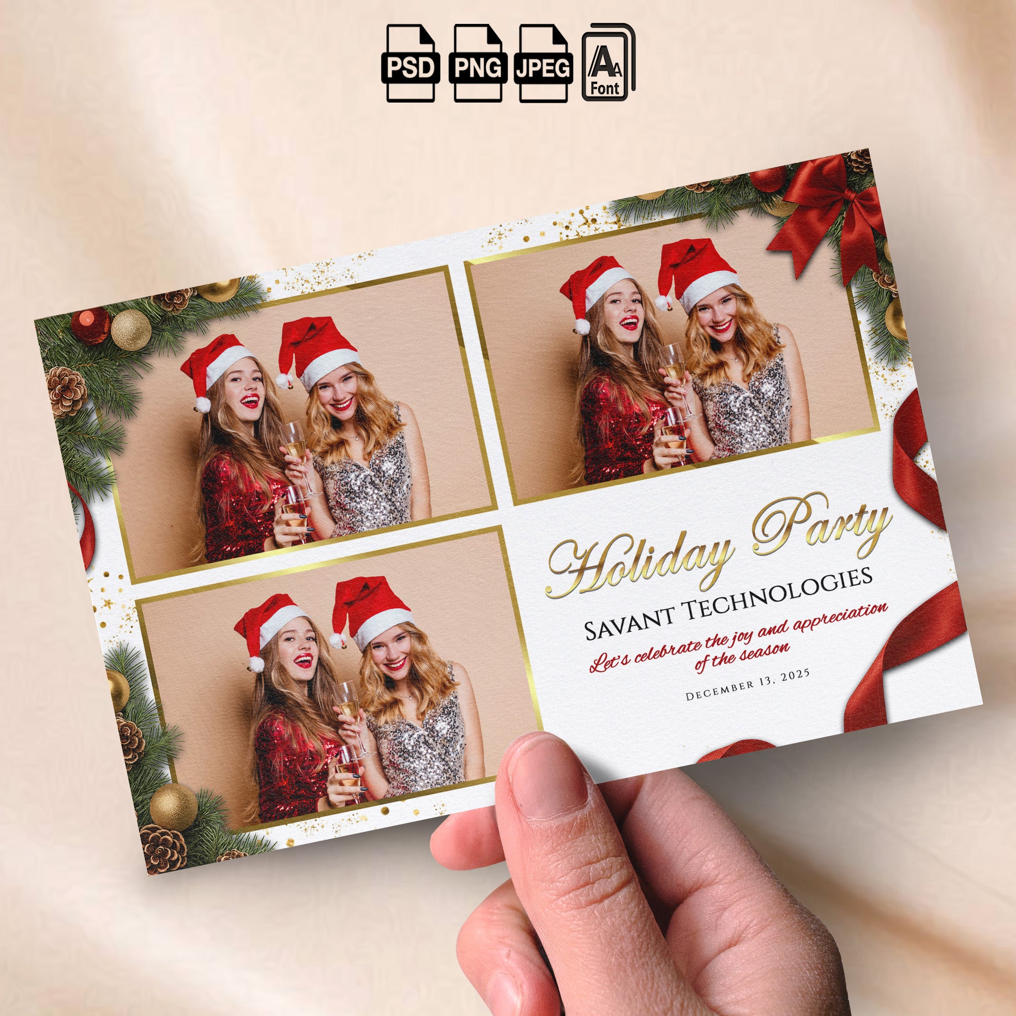 Christmas Holiday Party Photo Booth Template Bundle | White &amp; Gold Design with Garland, Pinecones &amp; Red Bows | Multiple Layouts, Editable Photobooth Templates, Instant Download