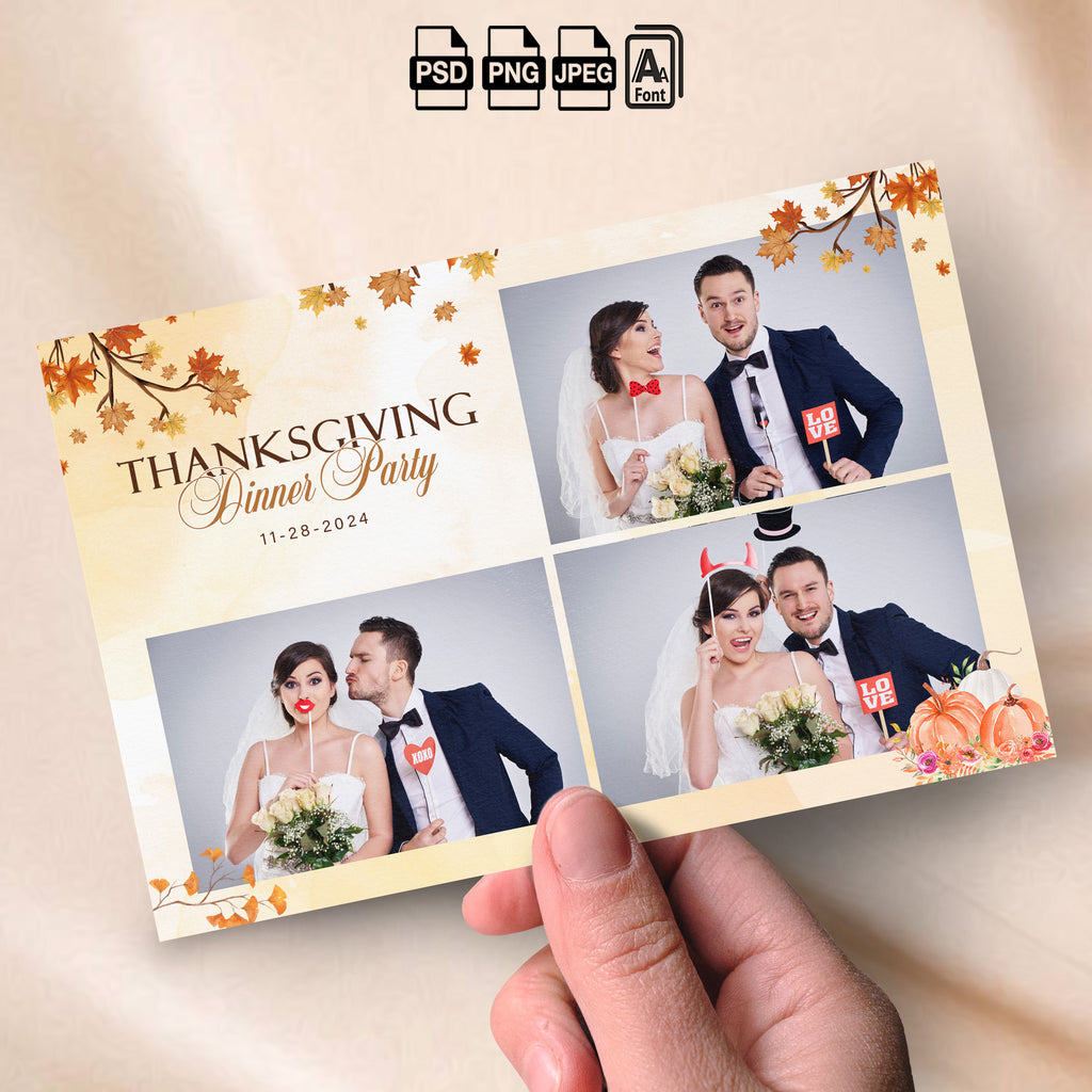 Thanksgiving Dinner Party Photo Booth Template | 4-Photo Grid Layout | Editable Date, Watercolor Maple Leaves &amp; Pumpkins