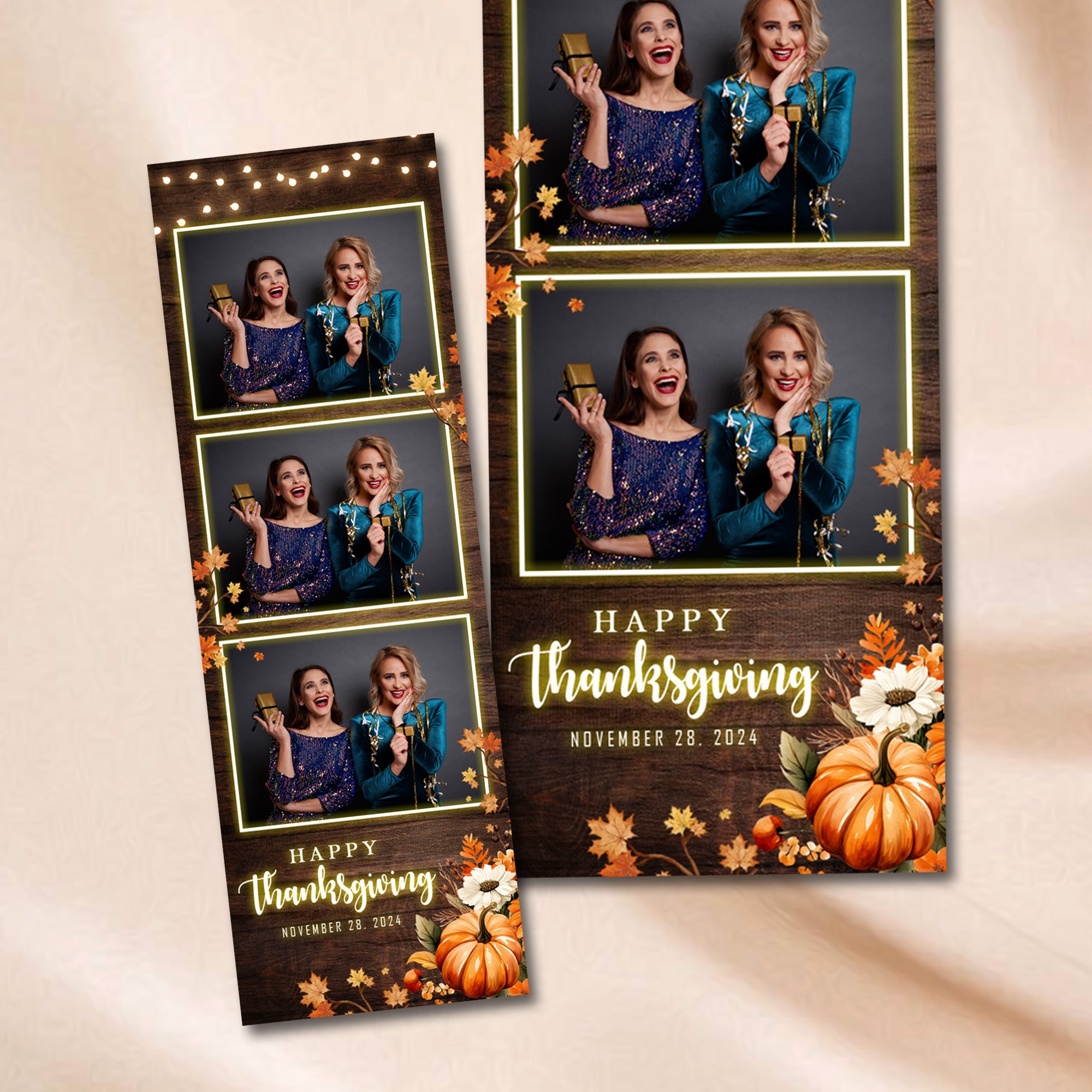 Thanksgiving Photo Booth Strip Template | Rustic Wood with Fall Leaves & Pumpkins | 2x6 Photostrip Template, Instant Download