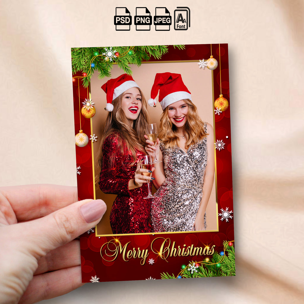 Merry Christmas &amp; Happy Holidays Photo Booth Template Bundle | Red &amp; Gold Design with Ornaments &amp; String Lights | Multiple Layouts, Editable Photobooth Templates, Instant Download