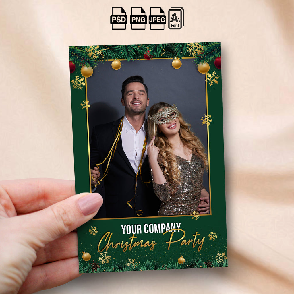 Christmas Party Photo Booth Template Bundle | Green & Gold Design with Ornaments &amp; Snowflakes | Multiple Layouts, Editable Photobooth Templates, Instant Download