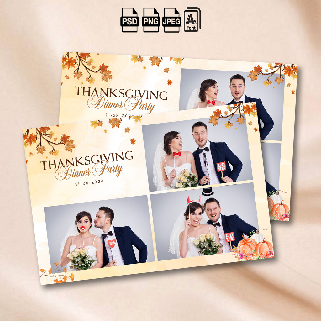 Cream and gold Thanksgiving photo booth grid template with maple leaves and florals