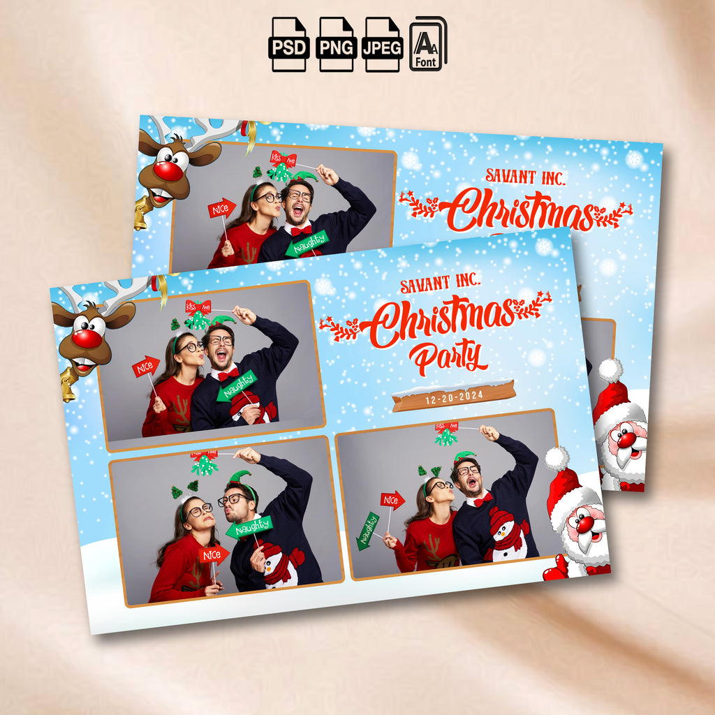 Winter Christmas Party 4-photo grid template mockup with reindeer and Santa illustrations
