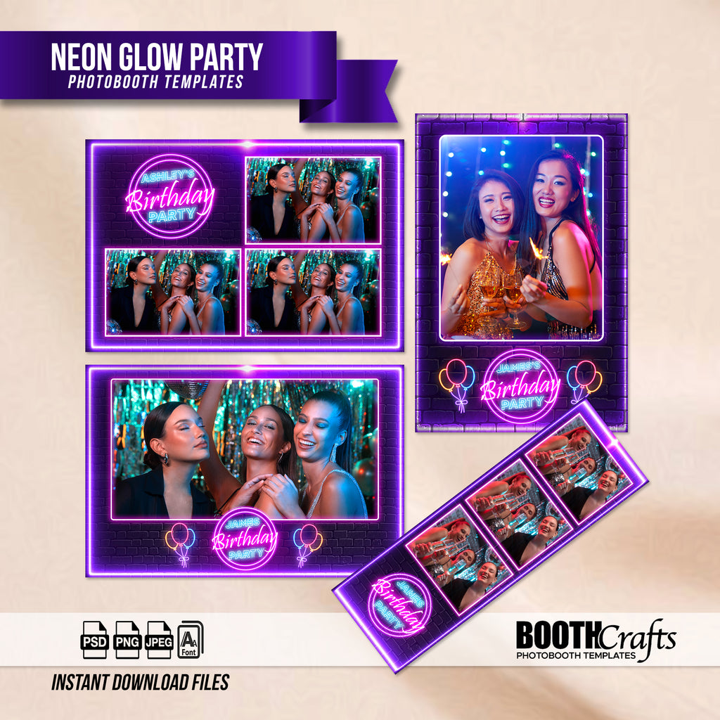 Neon Glow Party Photo Booth Template Bundle | Neon Brick Wall with Glowing Balloons | Multiple Layouts, Editable Photoshop Templates, Instant Download