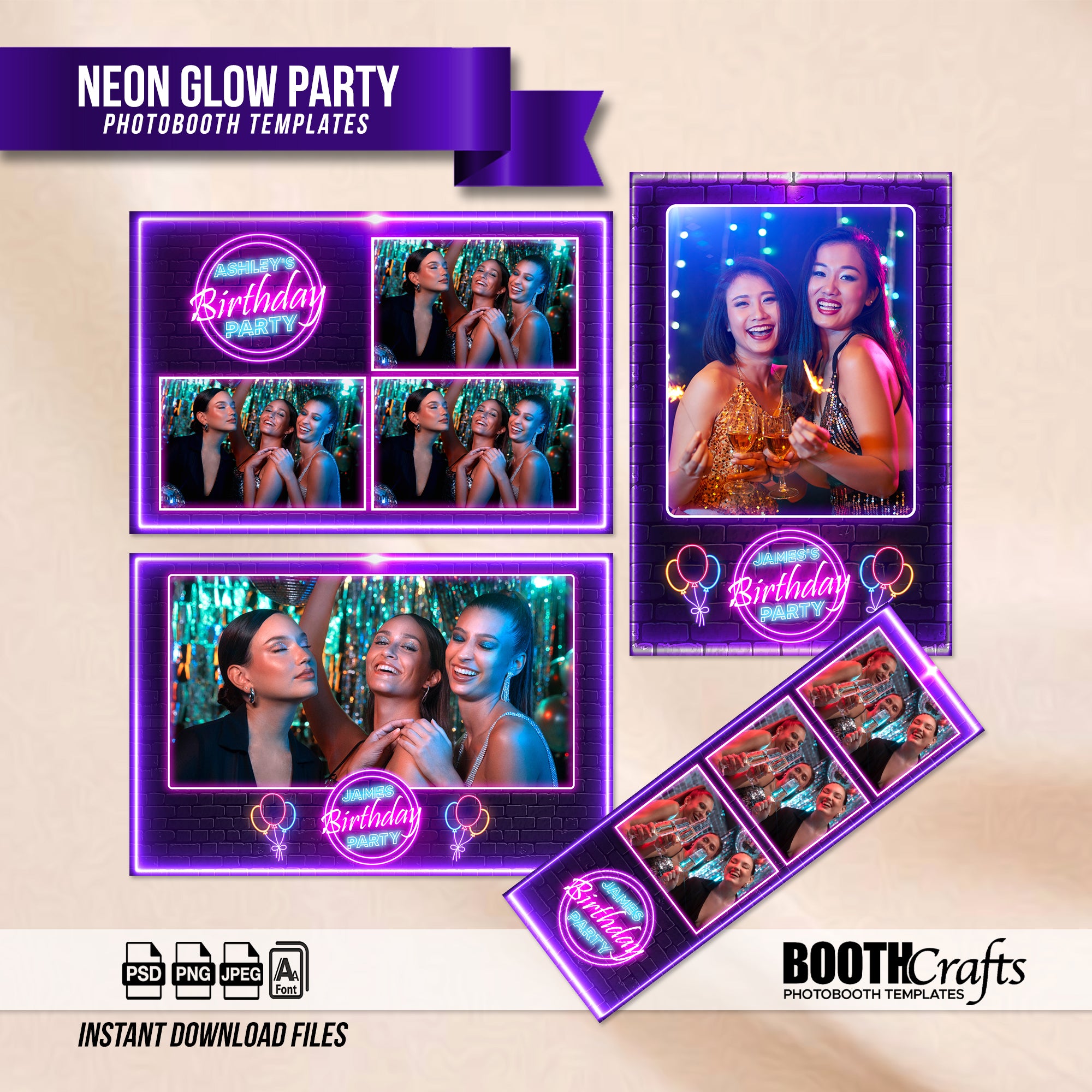 Neon Glow Party Photo Booth Template Bundle | Neon Brick Wall with Glowing Balloons | Multiple Layouts, Editable Photoshop Templates, Instant Download