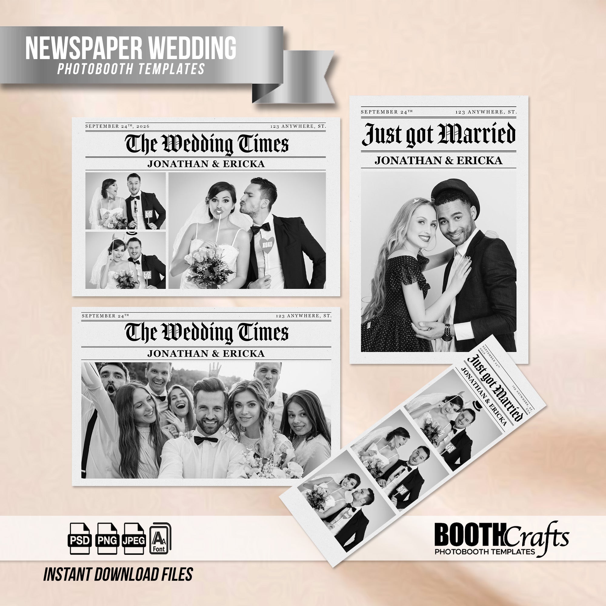 Newspaper Wedding Photo Booth Template Bundle | Black & White Vintage Design | Multiple Layouts, Editable Photoshop Templates, Instant Download