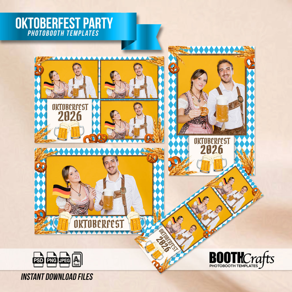 Oktoberfest Photo Booth Template Bundle | Bavarian Blue & White Design | Multiple Layouts, Editable Photoshop Templates, Instant Download