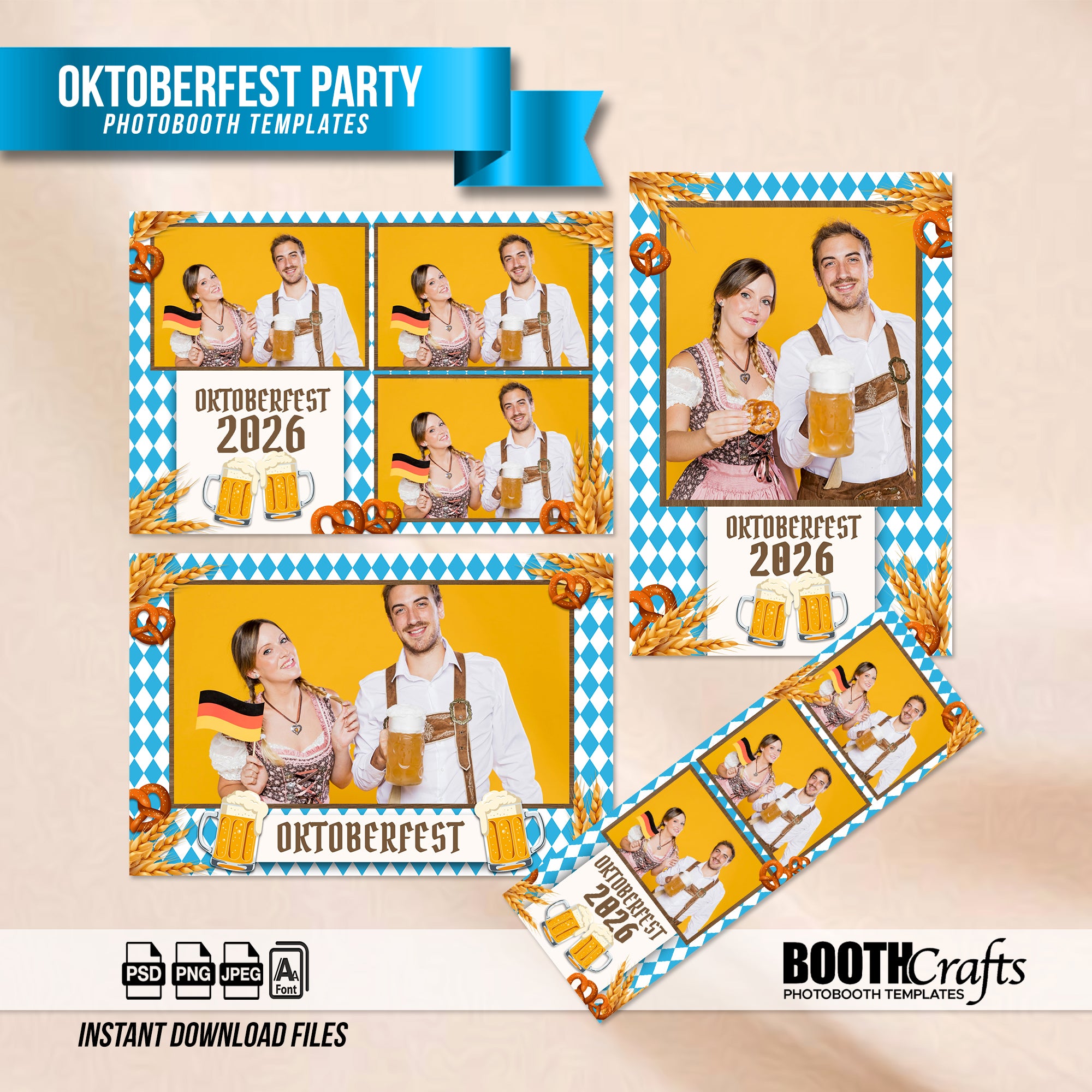 Oktoberfest Photo Booth Template Bundle | Bavarian Blue & White Design | Multiple Layouts, Editable Photoshop Templates, Instant Download