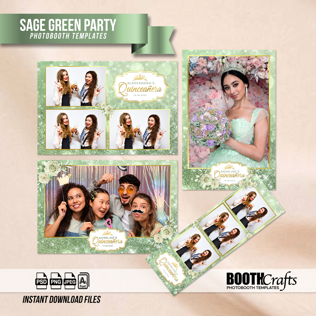 Sage Green Quinceañera Photo Booth Template Bundle | Green & Gold Floral with Crown Badge | Multiple Layouts, Editable Photoshop Templates, Instant Download