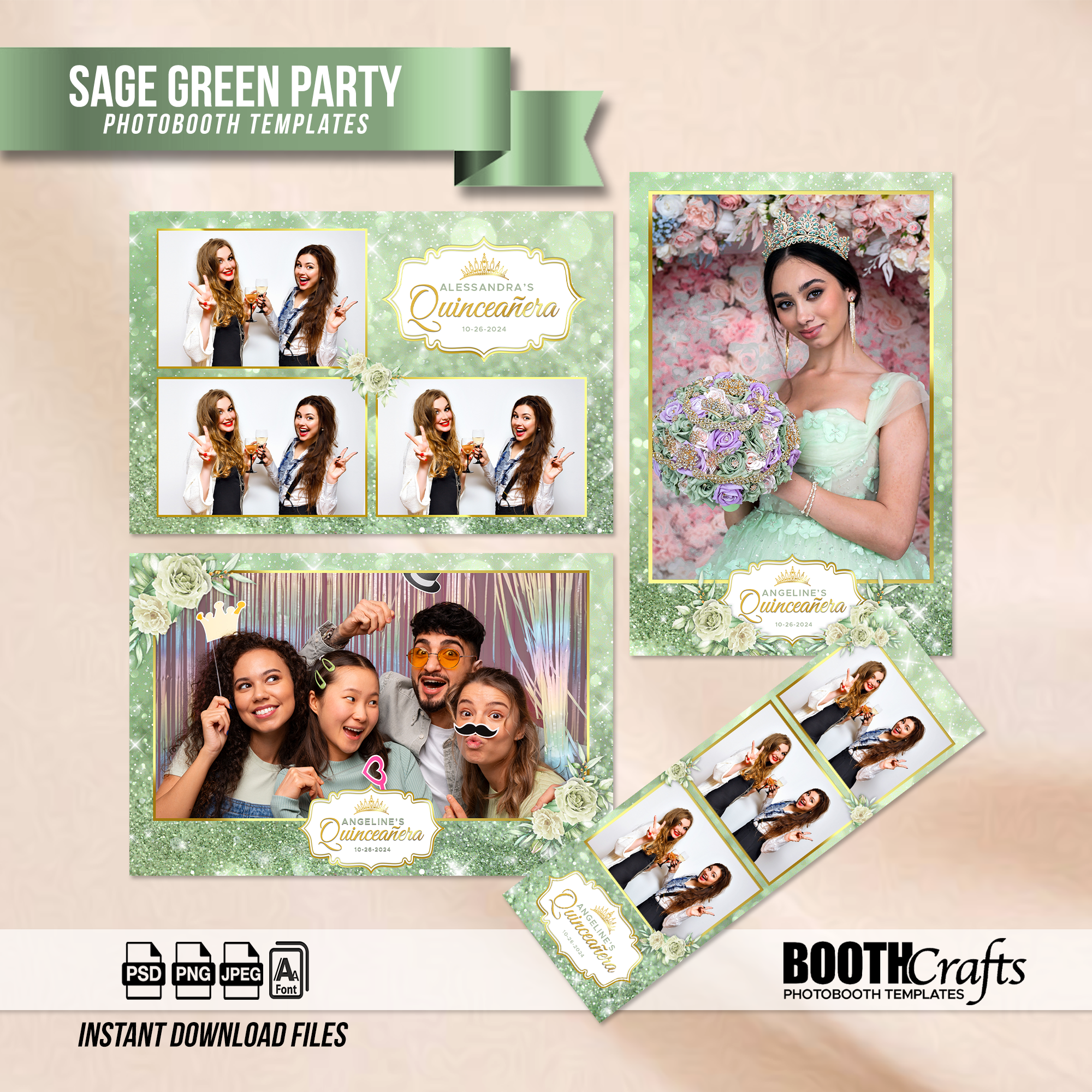 Sage Green Quinceañera Photo Booth Template Bundle | Green & Gold Floral with Crown Badge | Multiple Layouts, Editable Photoshop Templates, Instant Download