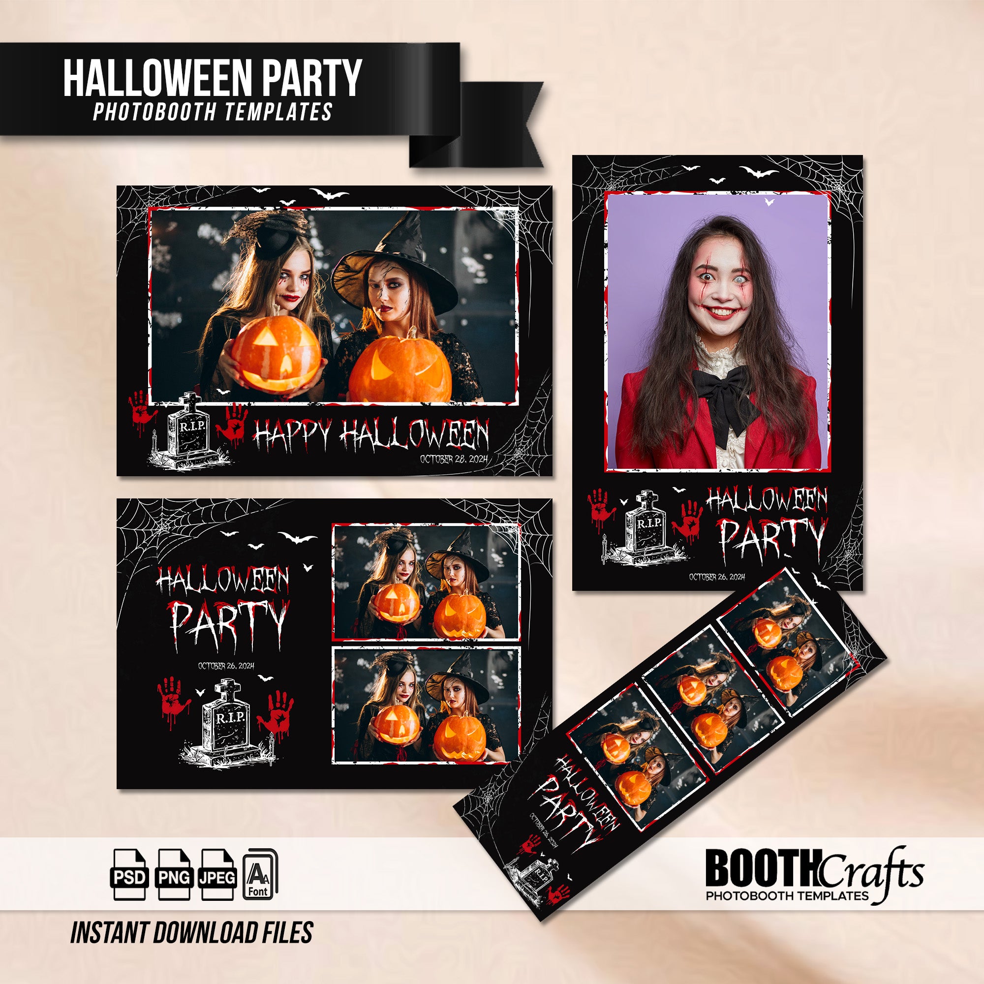 Halloween Party Photo Booth Template Bundle | Spooky Gothic Design with Bloody Handprints | Multiple Layouts, Editable Photobooth Templates, Instant Download