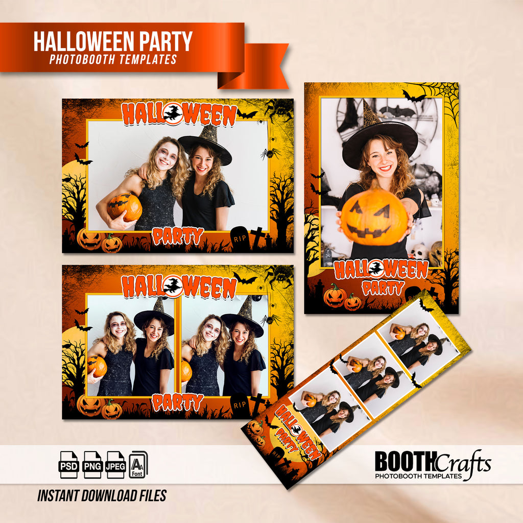 Halloween Party Photo Booth Template Bundle | Spooky Orange & Black Design | Multiple Layouts, Editable Photoshop Photobooth Templates, Instant Download