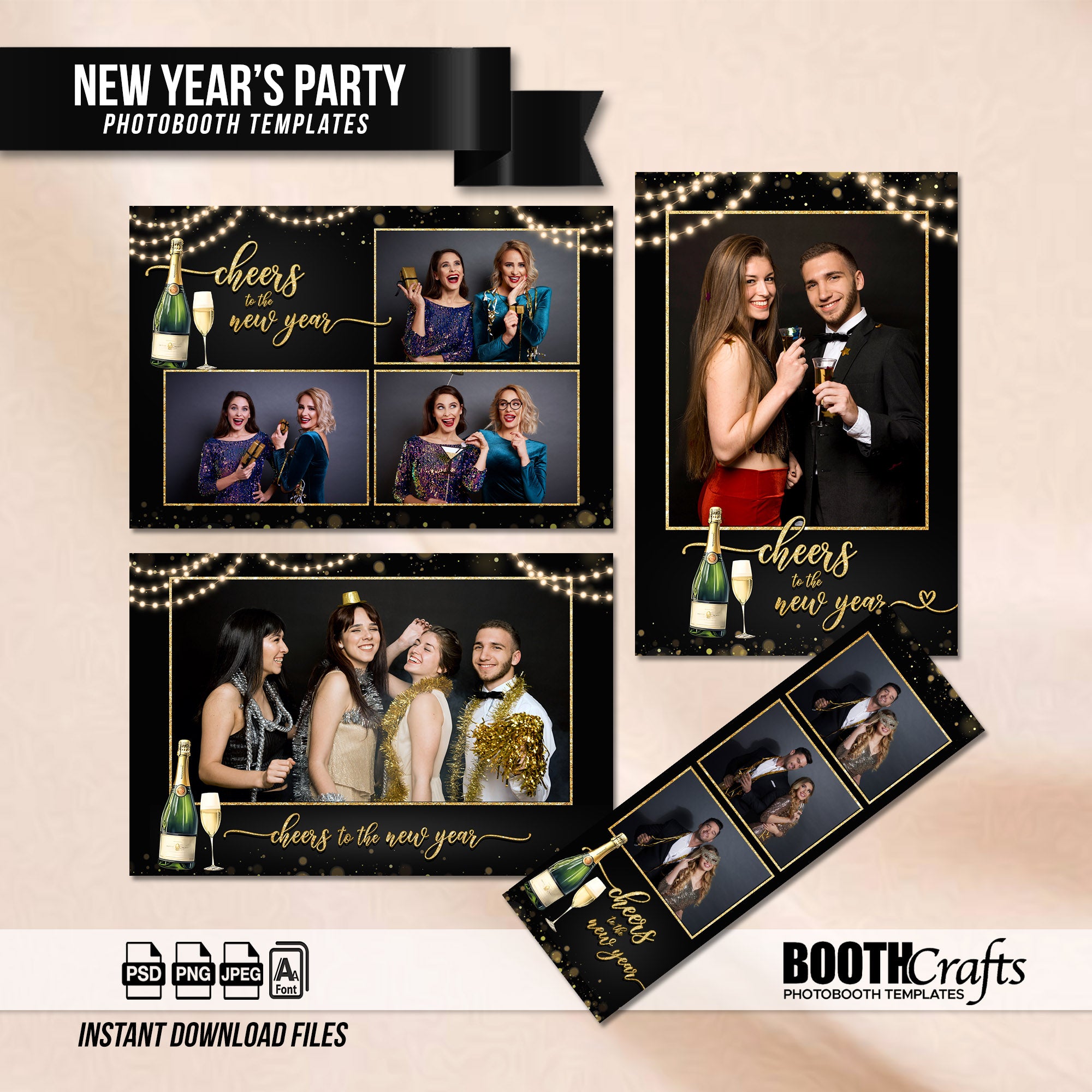 Cheers to the New Year Photo Booth Template Bundle | Black & Gold Design with String Lights | All 4 Layouts, Editable Photoshop Templates, Instant Download