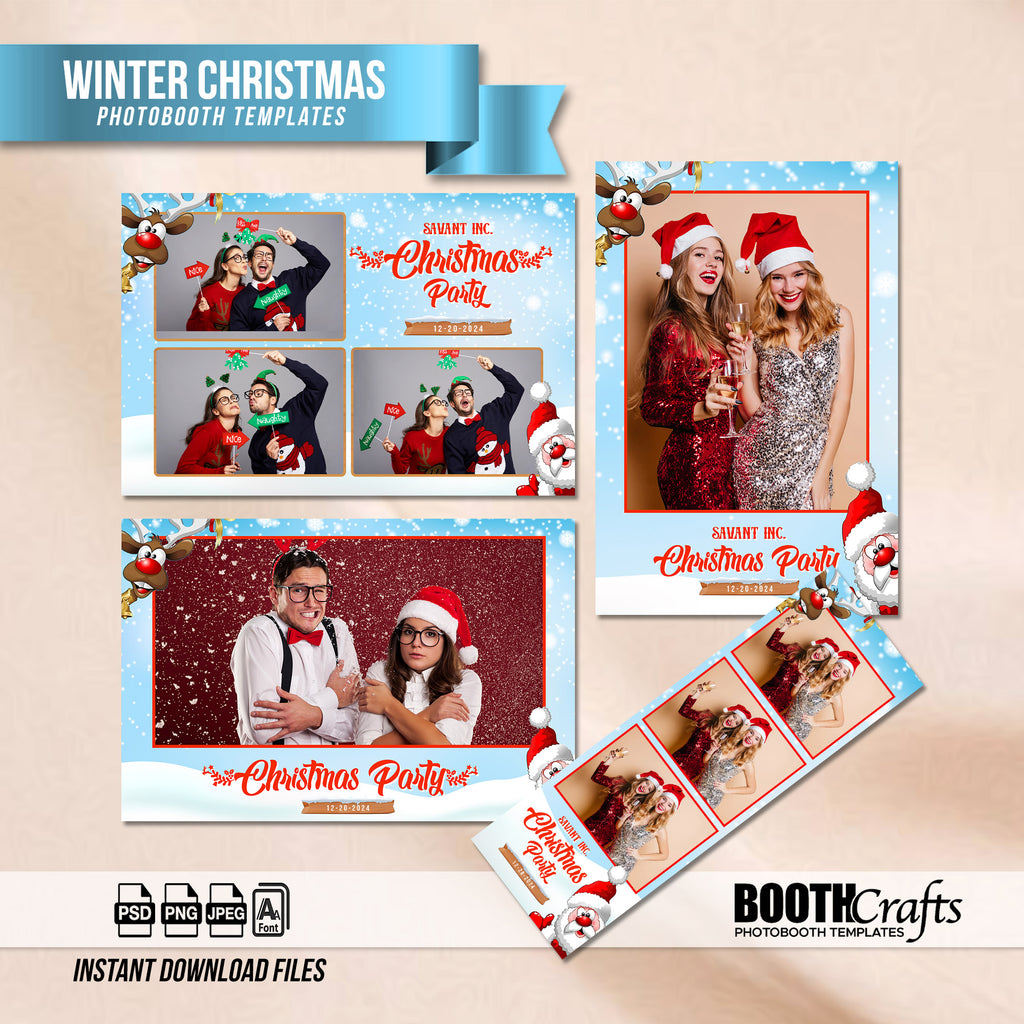 Winter Christmas Party Photo Booth Template Bundle | Blue Snowy Design | Multiple Layouts, Editable Photobooth Templates, Instant Download