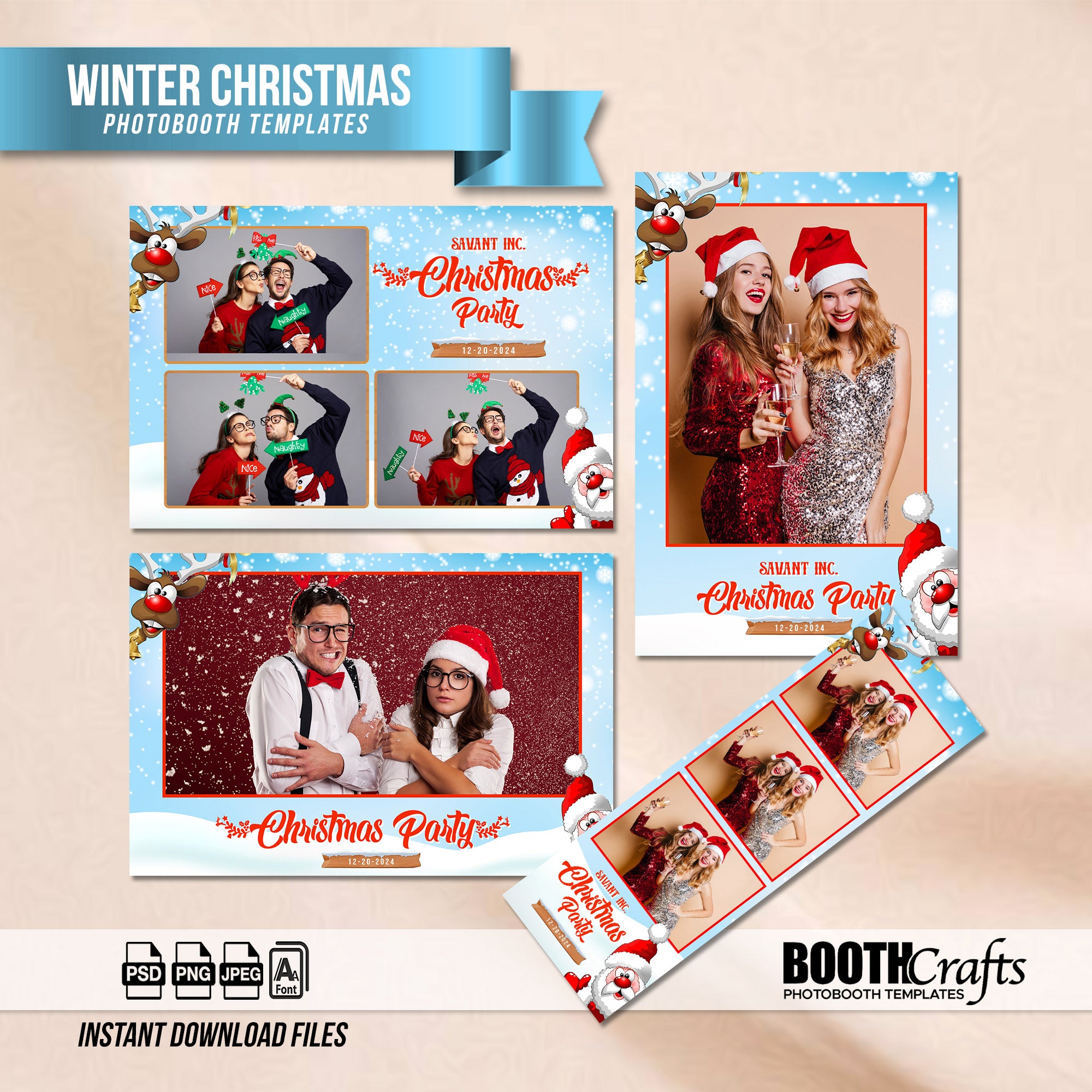 Winter Christmas Party Photo Booth Template Bundle | Blue Snowy Design | Multiple Layouts, Editable Photobooth Templates, Instant Download