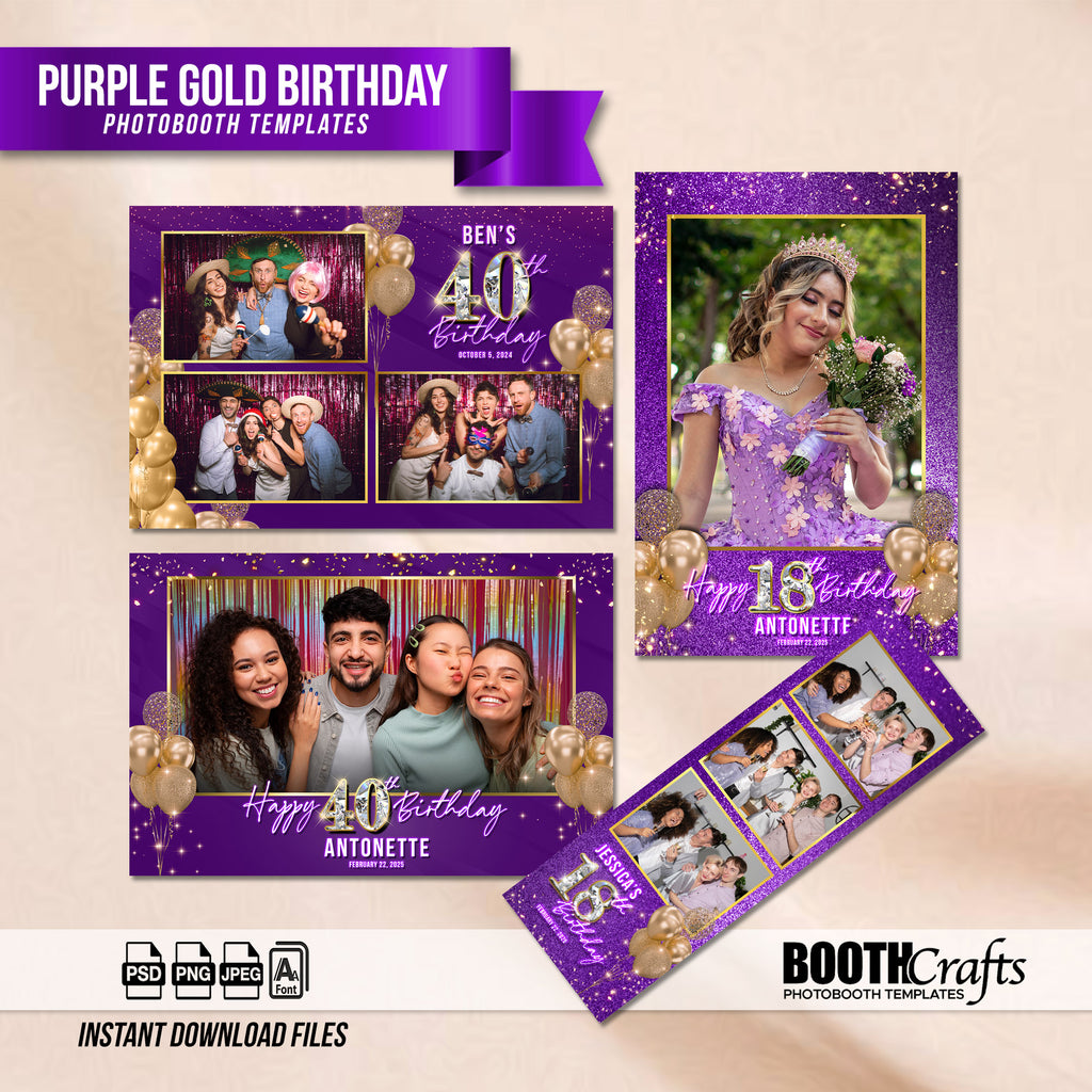 Purple & Gold Birthday Photo Booth Template Bundle | Glitter & Gold Balloon Design | All 4 Layouts, Editable Photoshop Templates, Instant Download