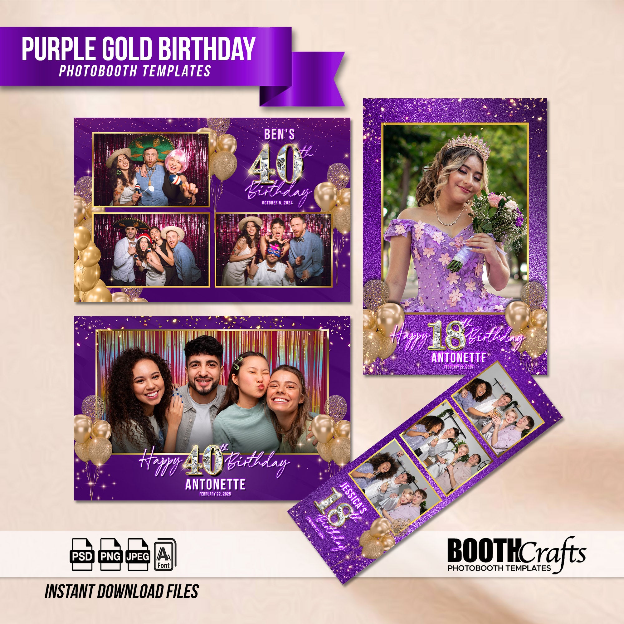 Purple & Gold Birthday Photo Booth Template Bundle | Glitter & Gold Balloon Design | All 4 Layouts, Editable Photoshop Templates, Instant Download