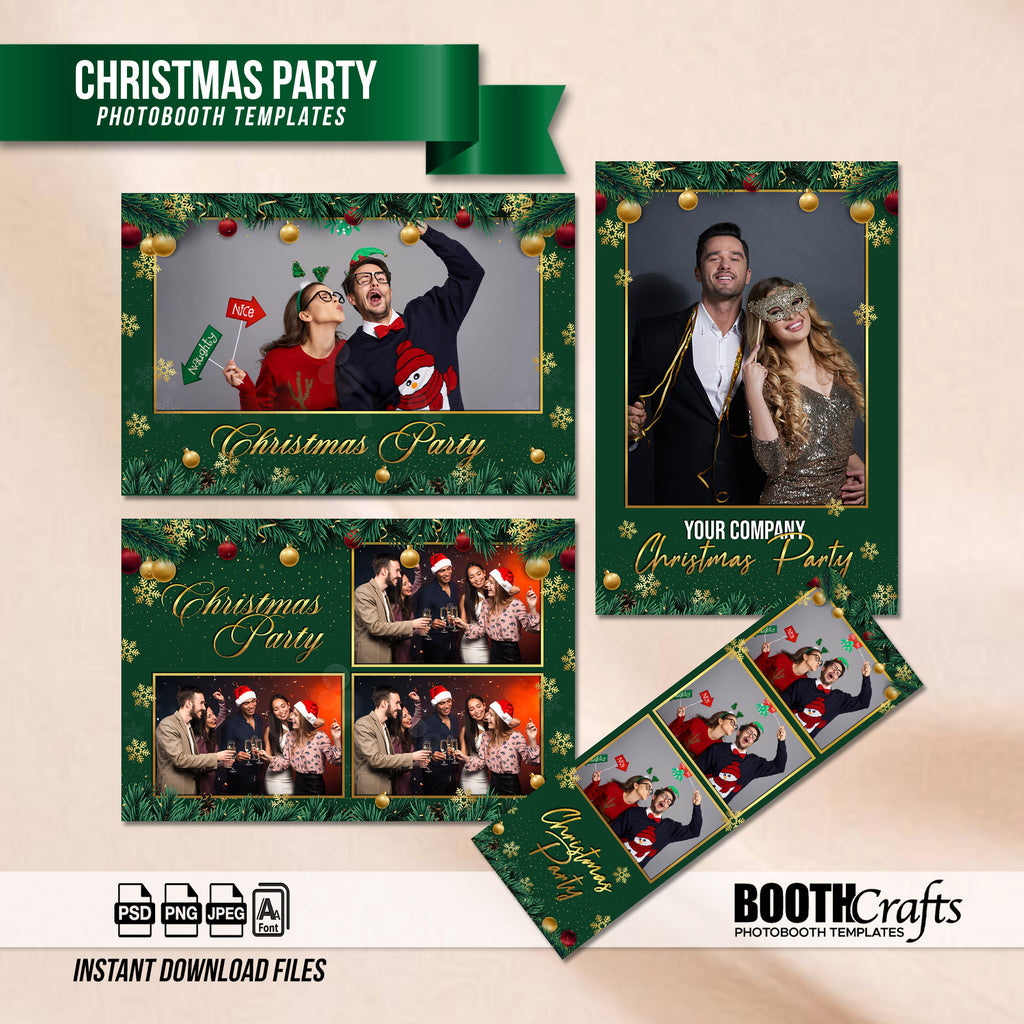 Christmas Party Photo Booth Template Bundle | Green &amp; Gold Design with Ornaments &amp; Snowflakes | Multiple Layouts, Editable Photobooth Templates, Instant Download