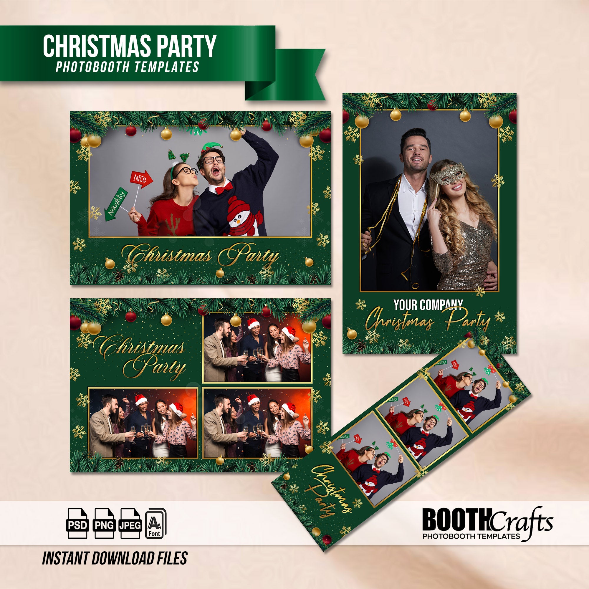 Christmas Party Photo Booth Template Bundle | Green &amp; Gold Design with Ornaments &amp; Snowflakes | Multiple Layouts, Editable Photobooth Templates, Instant Download
