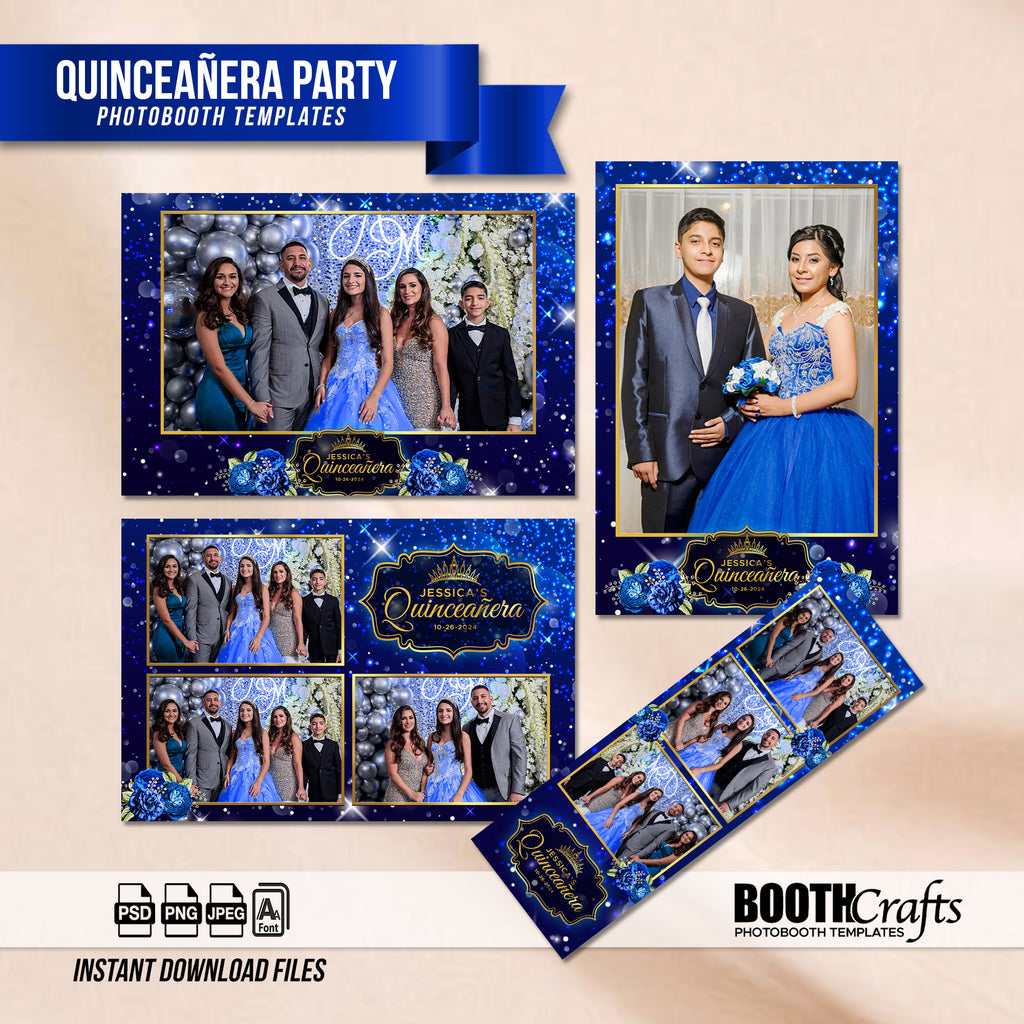 Royal Blue Quinceañera Photo Booth Template Bundle | Royal Blue Sparkle with Gold Crown Badge | All 5 Layouts, Editable Photoshop Templates, Instant Download