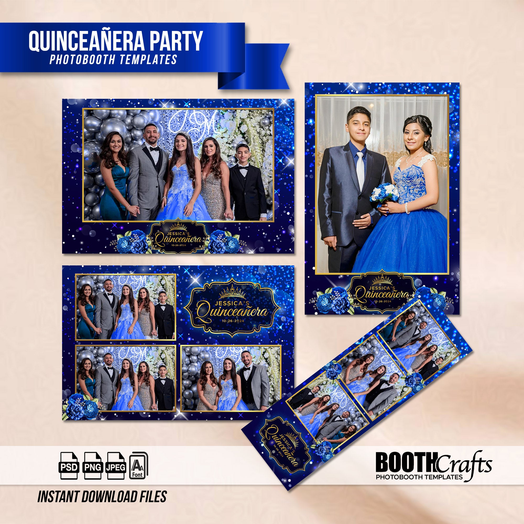 Royal Blue Quinceañera Photo Booth Template Bundle | Royal Blue Sparkle with Gold Crown Badge | All 5 Layouts, Editable Photoshop Templates, Instant Download