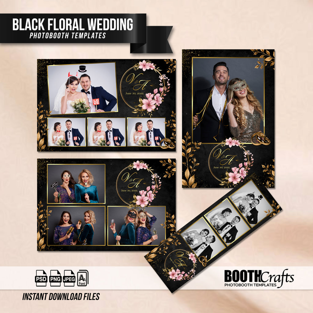 Black & Gold Floral Wedding Photo Booth Template Bundle | Gold Leaf & Pink Floral Wreath Design | All 4 Layouts, Editable Photoshop Templates, Instant Download