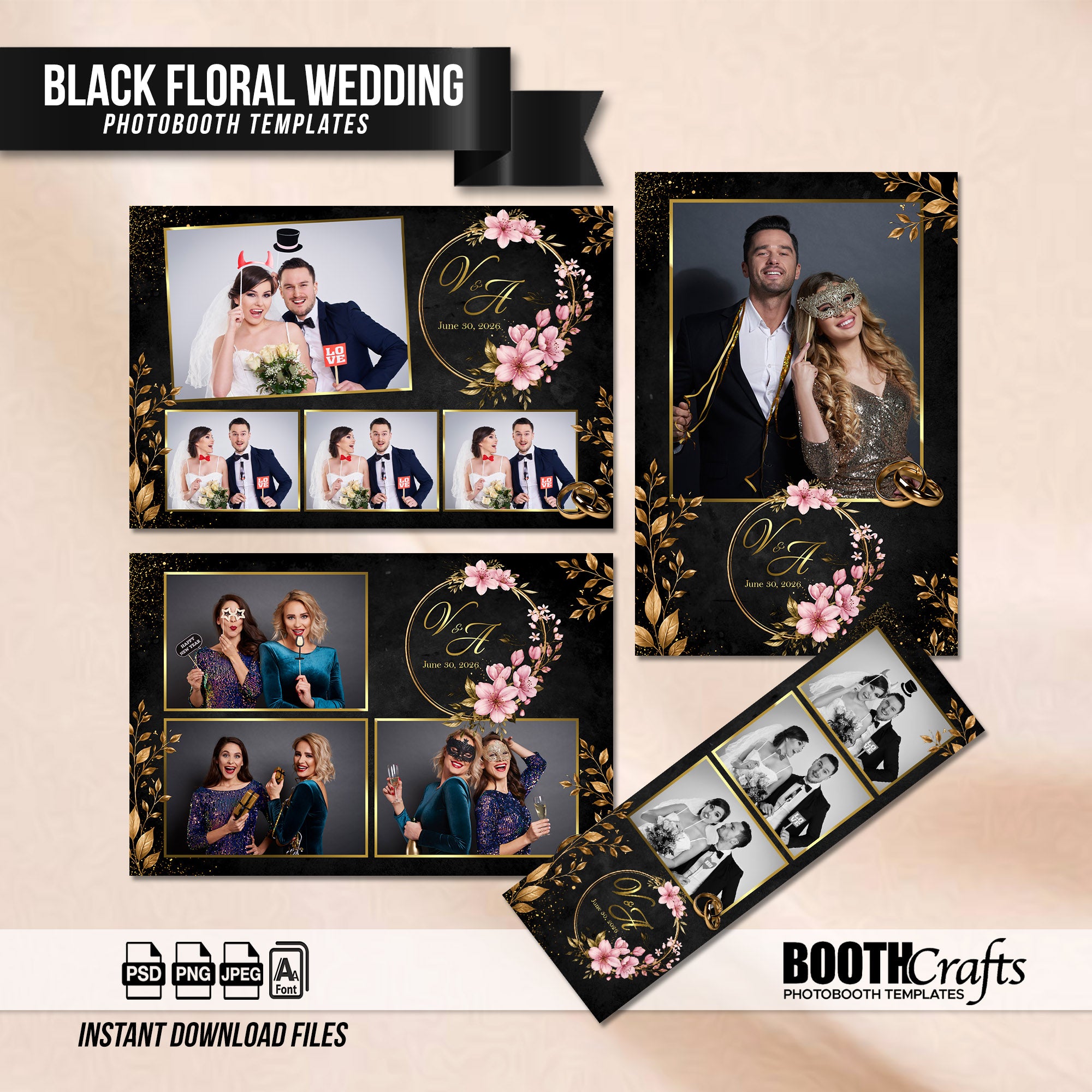 Black & Gold Floral Wedding Photo Booth Template Bundle | Gold Leaf & Pink Floral Wreath Design | All 4 Layouts, Editable Photoshop Templates, Instant Download