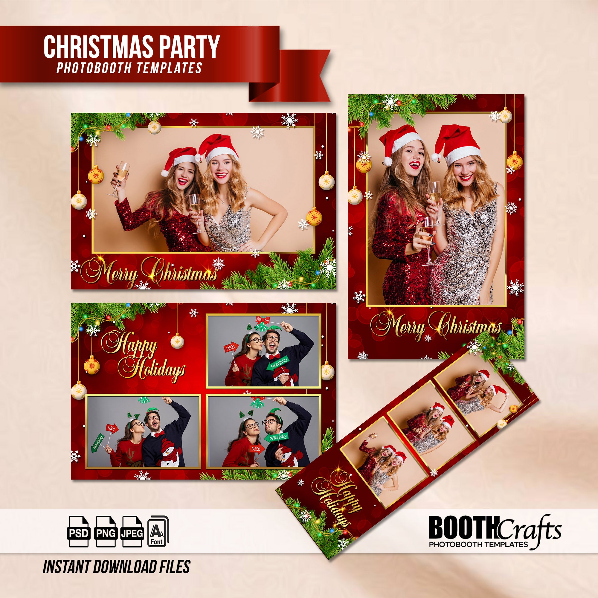 Merry Christmas & Happy Holidays Photo Booth Template Bundle | Red & Gold Design with Ornaments & String Lights | Multiple Layouts, Editable Photobooth Templates, Instant Download