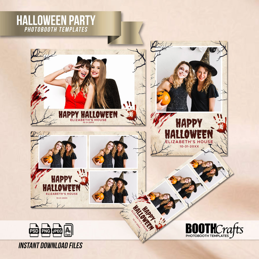 Vintage Parchment Halloween Photo Booth Template Bundle | Bloody Handprints & Bare Tree Silhouette Design | All 4 Layouts, Editable Photoshop Templates, Instant Download