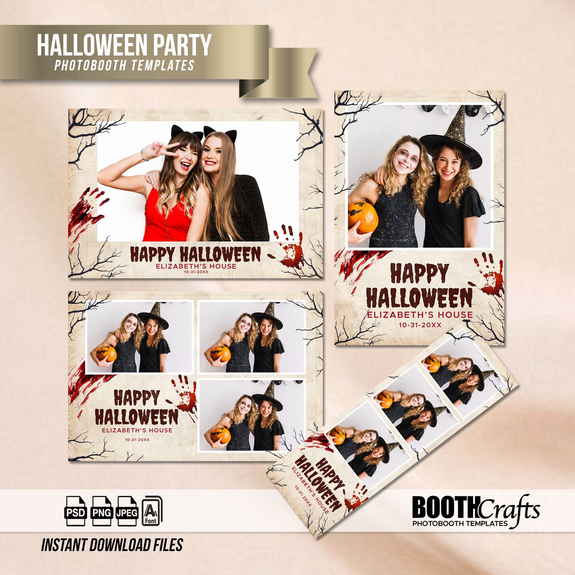 Vintage Parchment Halloween Photo Booth Template Bundle | Bloody Handprints & Bare Tree Silhouette Design | All 4 Layouts, Editable Photoshop Templates, Instant Download