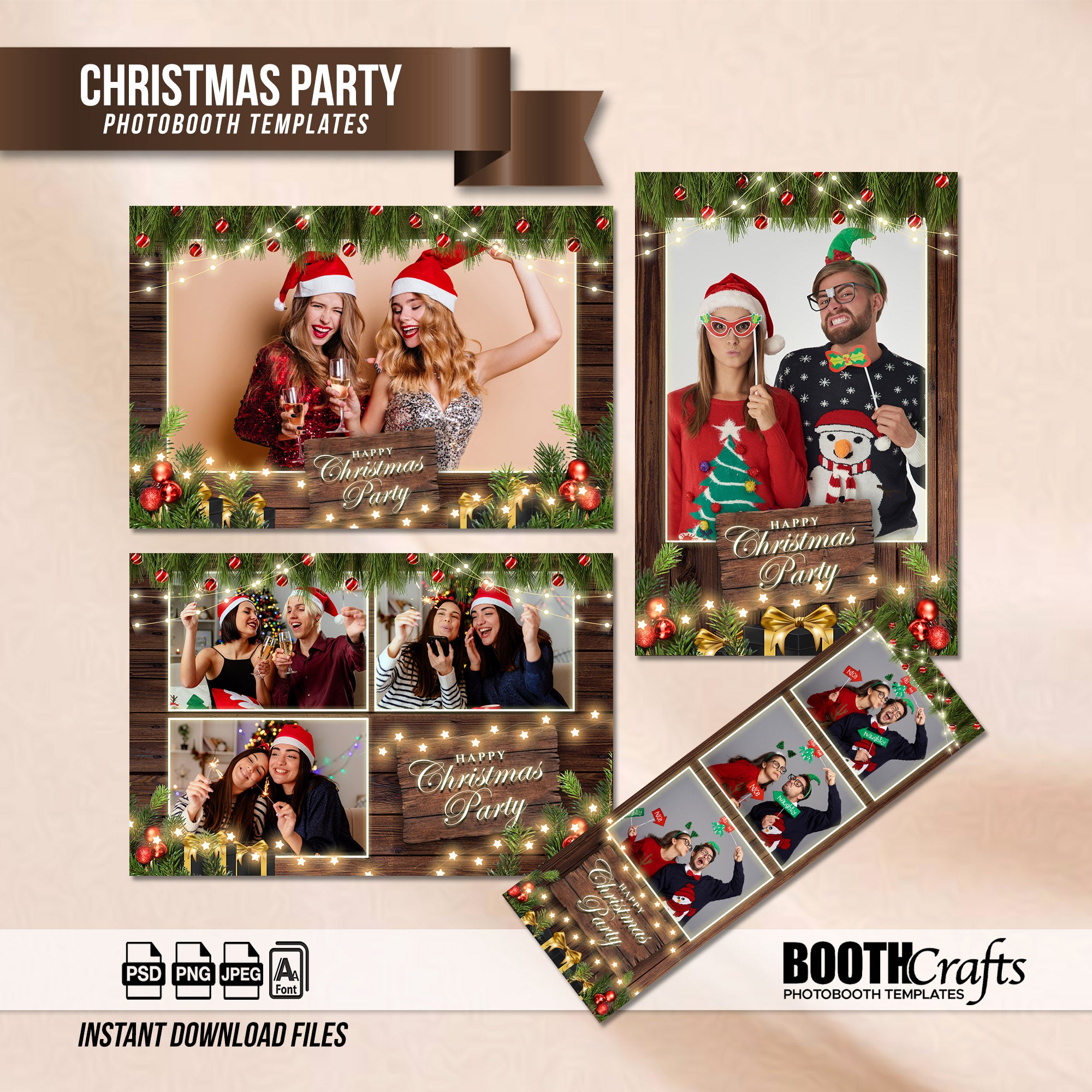 Rustic Christmas Party Photo Booth Template Bundle | Dark Wood Design with String Lights, Ornaments & Gift Boxes | Multiple Layouts, Editable Photobooth Templates, Instant Download