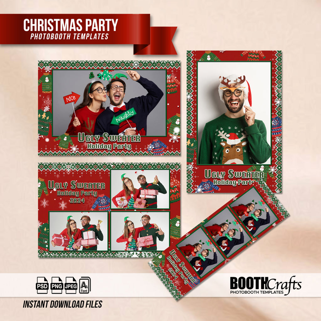 Ugly Sweater Holiday Party Photo Booth Template Bundle | Red Knit Sweater Design | Multiple Layouts, Editable Photobooth Templates, Instant Download