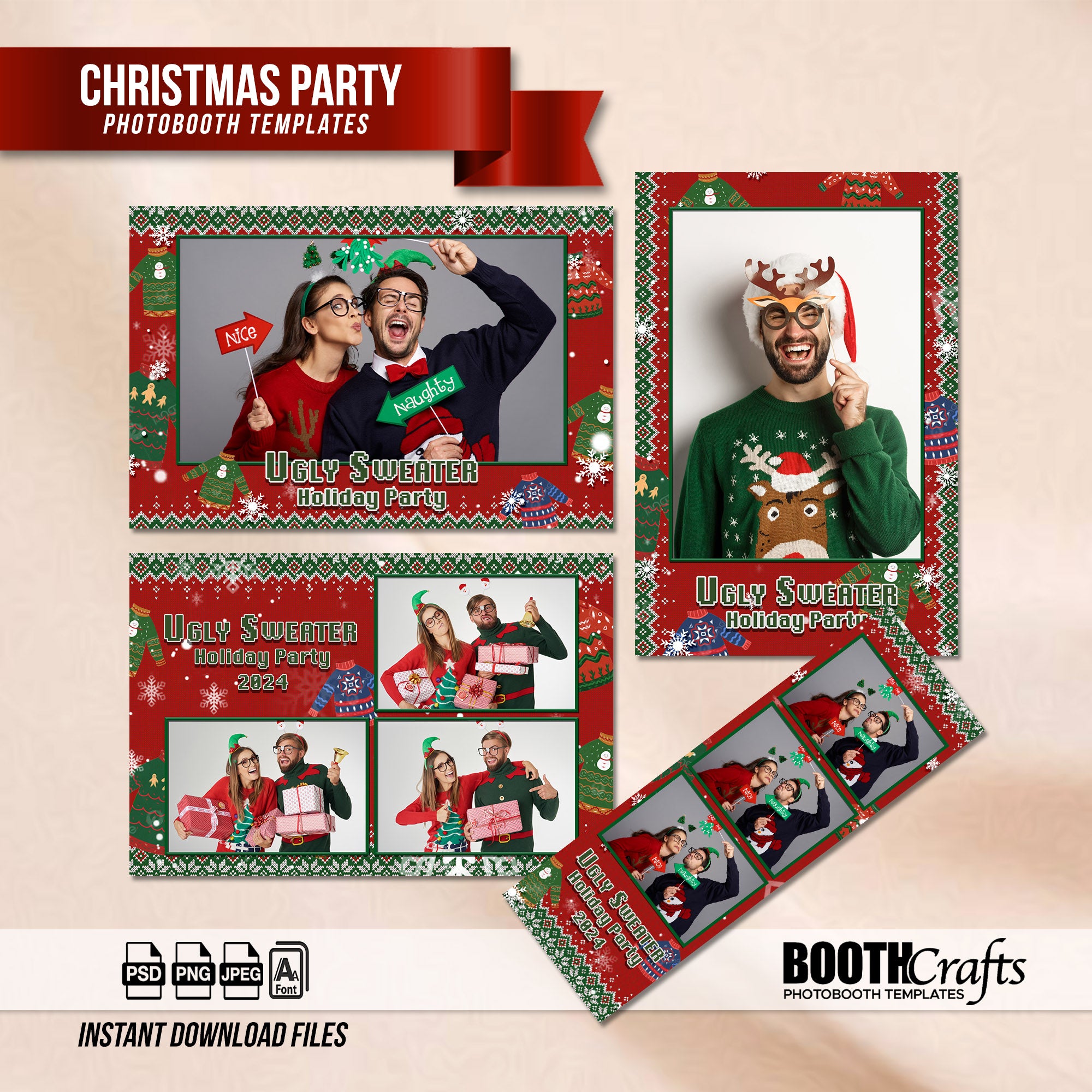 Ugly Sweater Holiday Party Photo Booth Template Bundle | Red Knit Sweater Design | Multiple Layouts, Editable Photobooth Templates, Instant Download