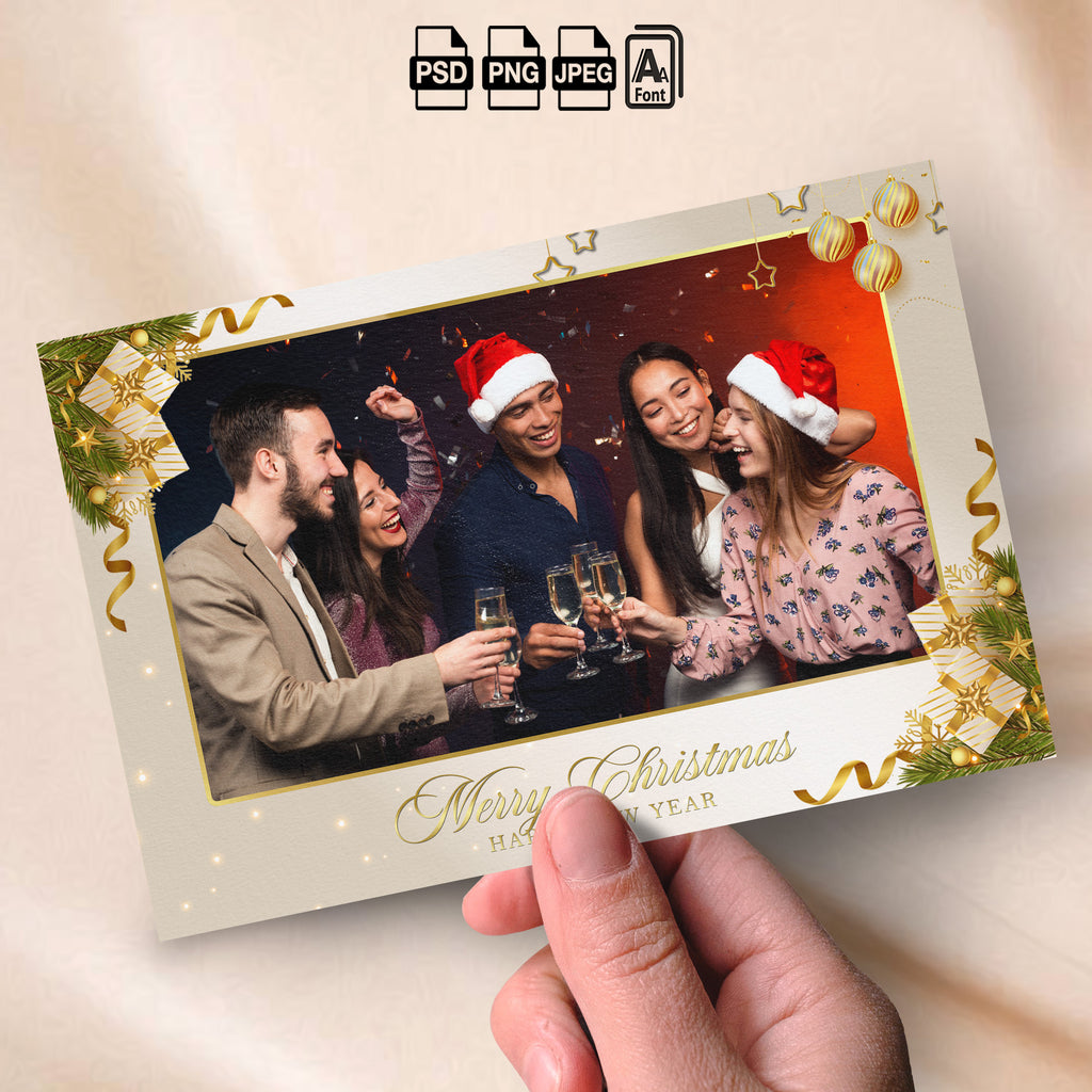 Christmas Party Photo Booth Template Bundle | Ivory &amp; Gold Design with Gift Boxes &amp; Ornaments | All 4 Layouts, Digital Download
