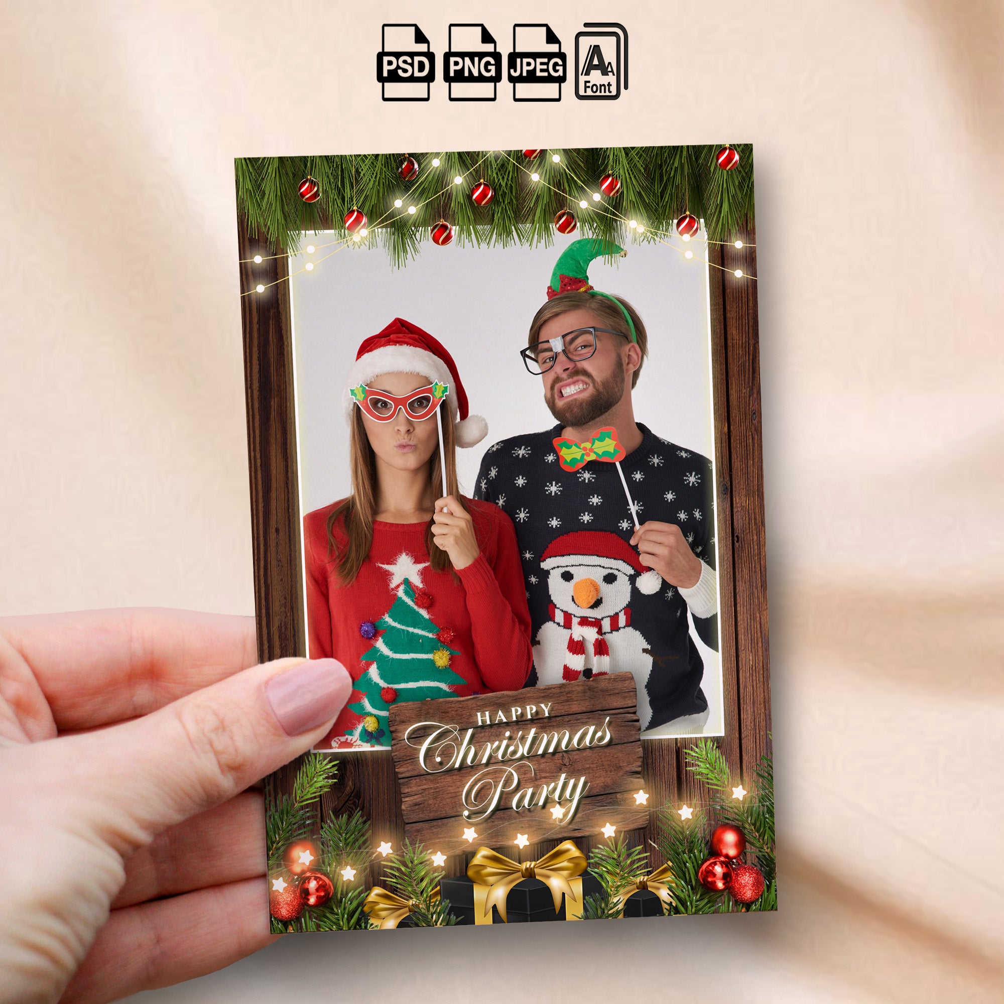 Rustic Christmas Party Photo Booth Template Bundle | Dark Wood Design with String Lights, Ornaments &amp; Gift Boxes | Multiple Layouts, Editable Photobooth Templates, Instant Download