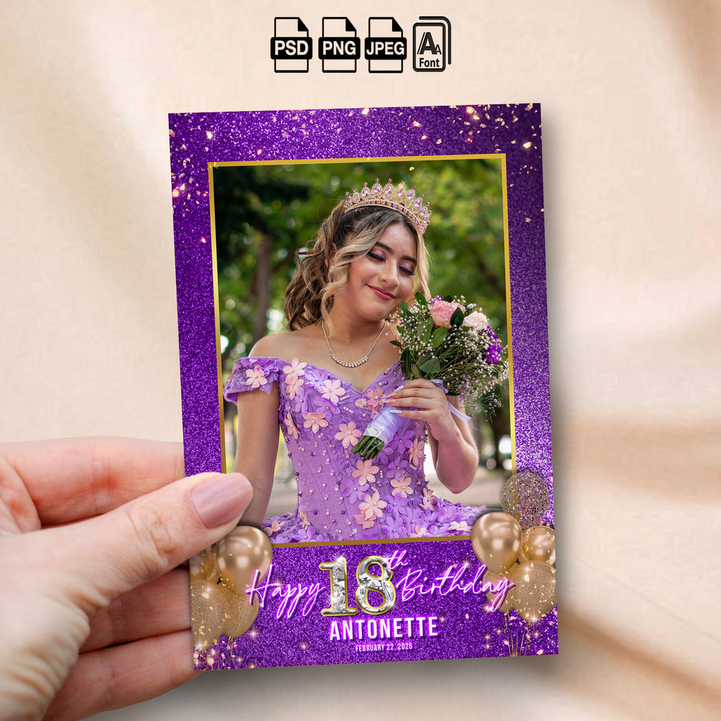 Purple & Gold Birthday Photo Booth Template | Portrait Layout | Glitter & Gold Balloon Design, Editable Photoshop Template, Instant Download