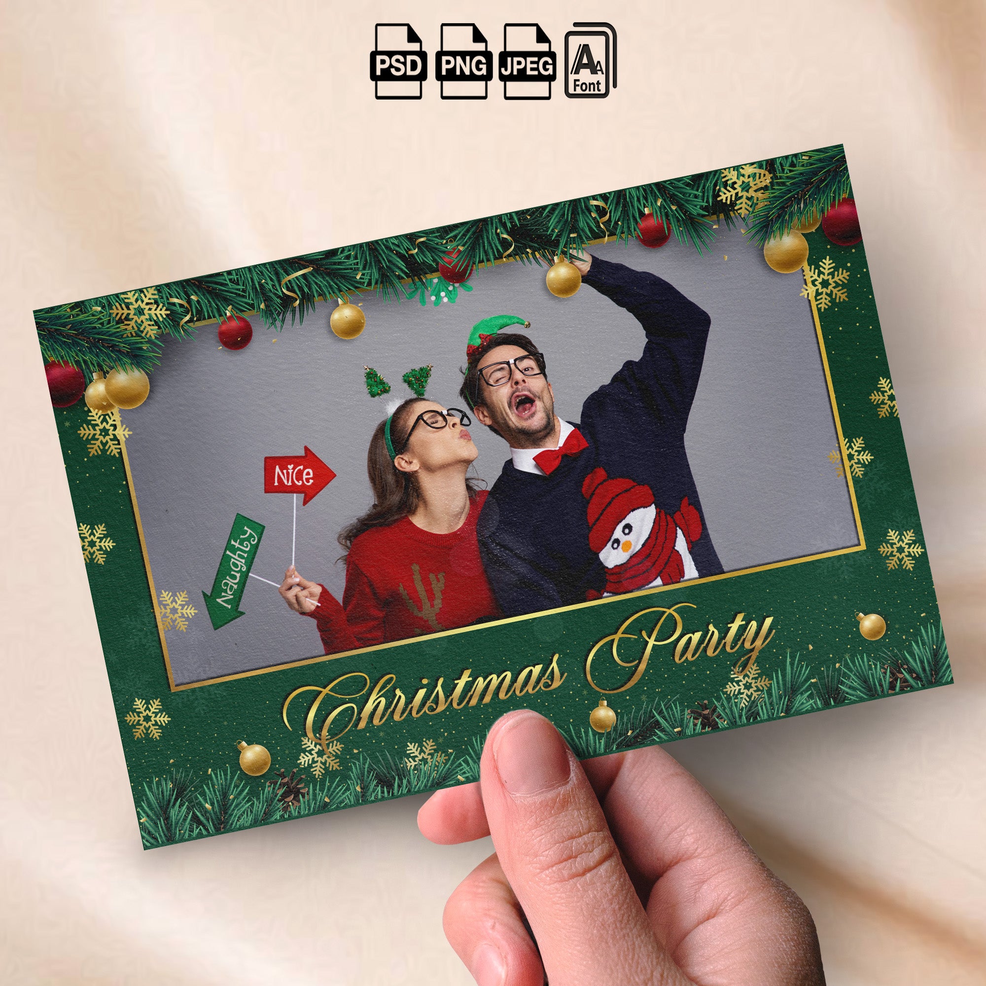 Christmas Party Photo Booth Template Bundle | Green & Gold Design with Ornaments &amp; Snowflakes | Multiple Layouts, Editable Photobooth Templates, Instant Download