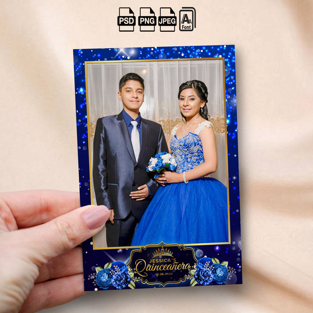 Royal Blue Quinceañera Photo Booth Template Bundle | Royal Blue Sparkle with Gold Crown Badge | All 5 Layouts, Editable Photoshop Templates, Instant Download