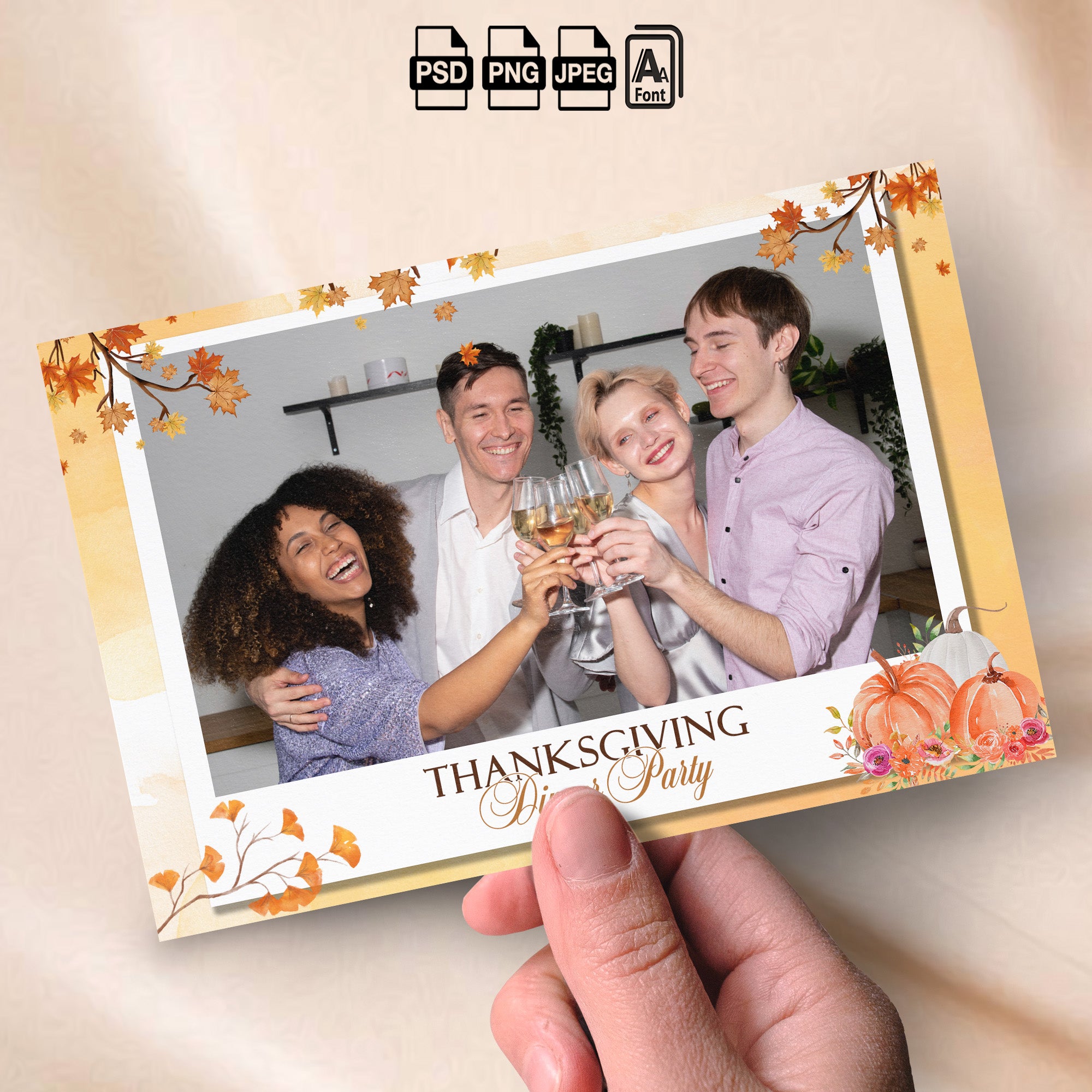 Thanksgiving Dinner Party Photo Booth Template Bundle | Watercolor Maple Leaves &amp; Pumpkins | Multiple Layouts, Editable Photobooth Templates, Instant Download
