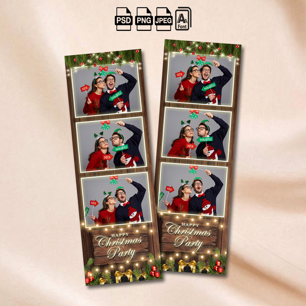Rustic Christmas Party Photo Booth Template Bundle | Dark Wood Design with String Lights, Ornaments &amp; Gift Boxes | Multiple Layouts, Editable Photobooth Templates, Instant Download