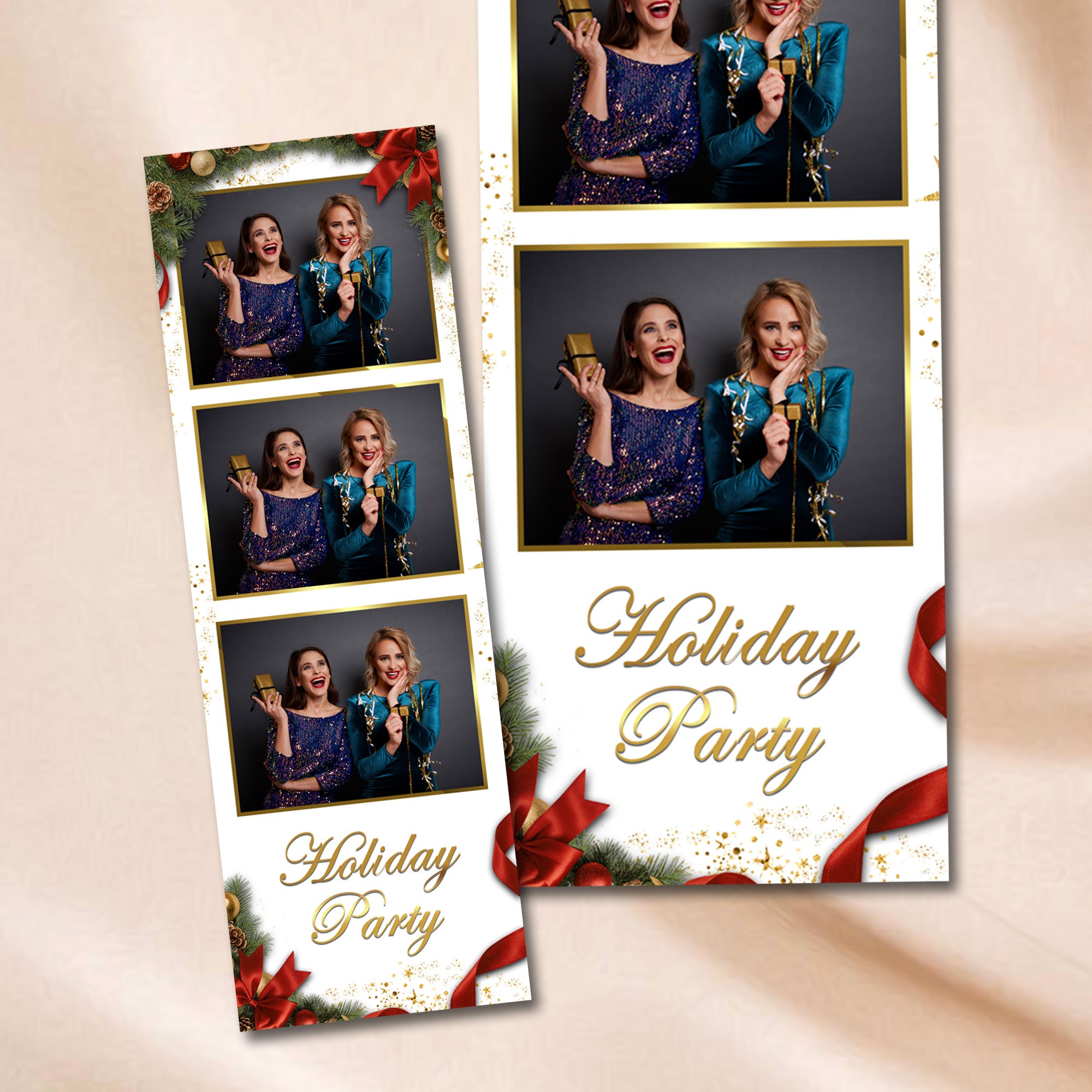 Christmas Holiday Party Photo Booth Template Bundle | White &amp; Gold Design with Garland, Pinecones &amp; Red Bows | Multiple Layouts, Editable Photobooth Templates, Instant Download