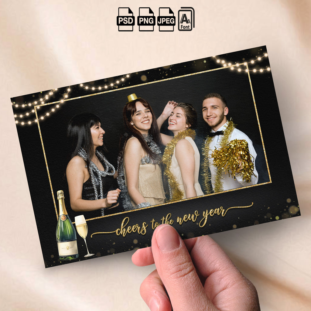 Cheers to the New Year Photo Booth Template | Landscape Layout | Black & Gold Design with String Lights, Editable Photoshop Template, Instant Download
