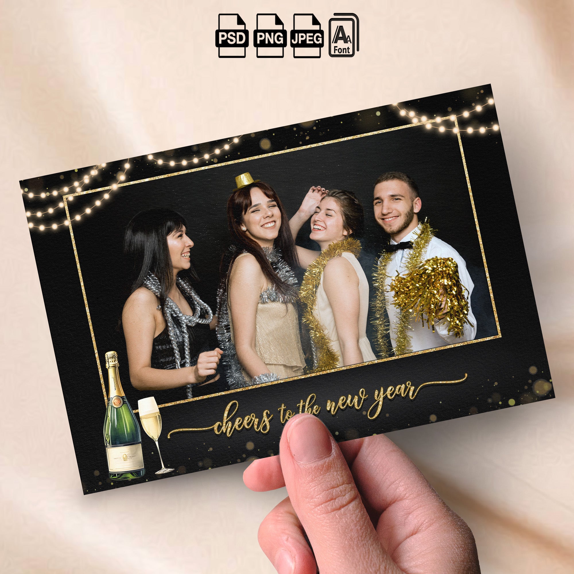 Cheers to the New Year Photo Booth Template Bundle | Black & Gold Design with String Lights | All 4 Layouts, Editable Photoshop Templates, Instant Download