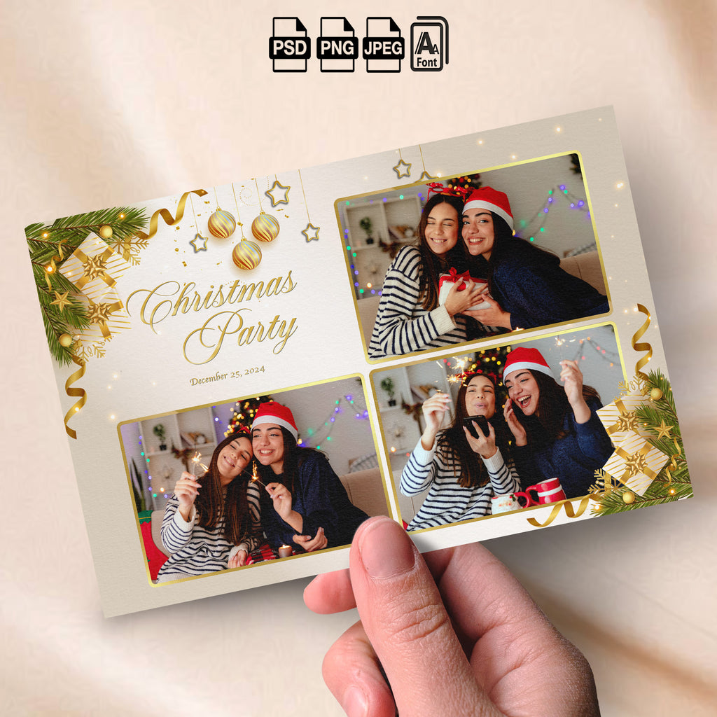 Christmas Party Photo Booth Template Bundle | Ivory &amp; Gold Design with Gift Boxes &amp; Ornaments | All 4 Layouts, Digital Download